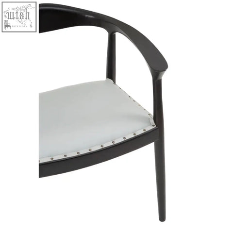 Black lacquered kendari open back grey leather chair with white upholstered seat and silver nailhead trim