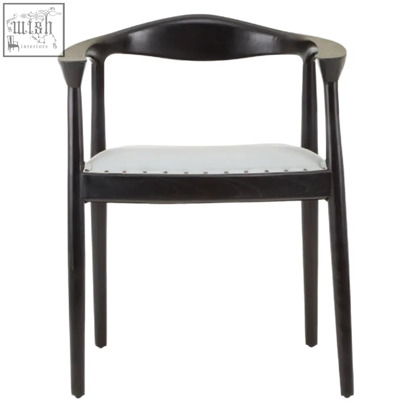 Kendari open back grey leather chair with black lacquered wood frame and white upholstered seat shown from the back