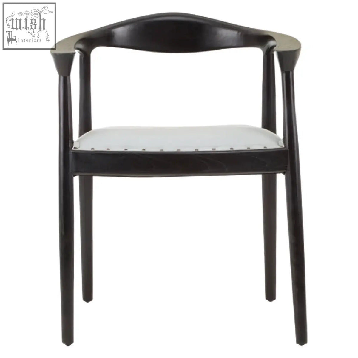 Kendari open back grey leather chair with black lacquered wood frame and white upholstered seat shown from the back