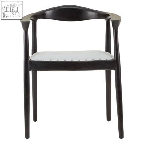 Kendari open back grey leather chair with black lacquered wood frame and white upholstered seat shown from the back