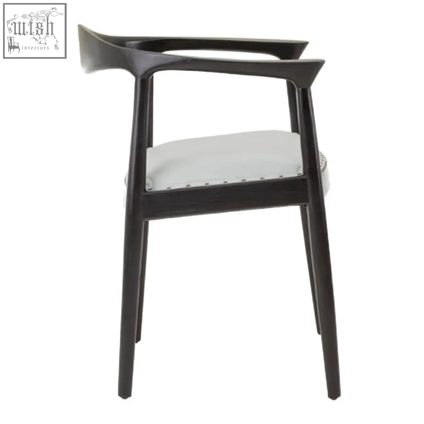 Black lacquered kendari open back grey leather chair with light grey upholstered seat for stylish seating