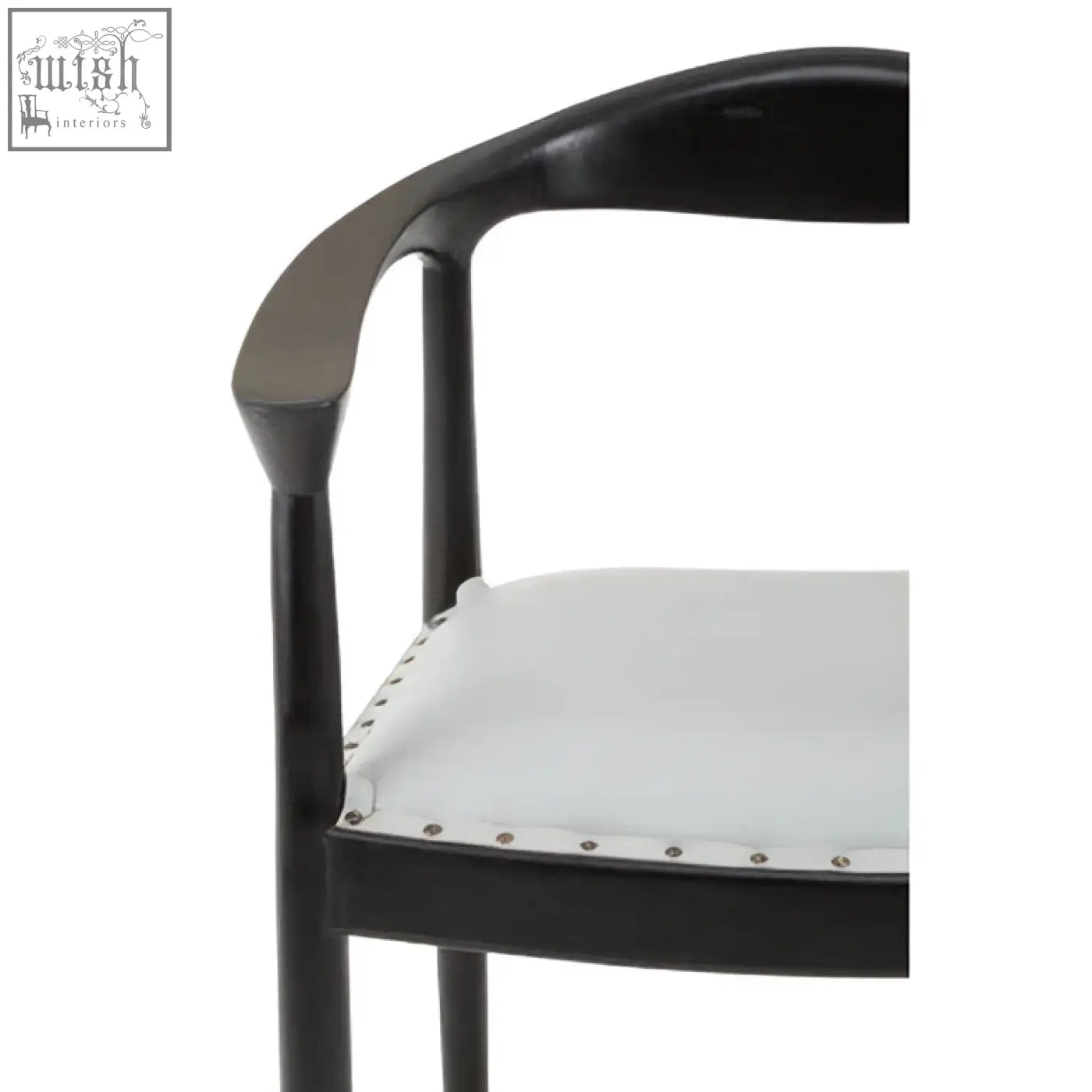 Black lacquered wooden kendari open chair with white upholstered seat and silver nailhead trim gray leather chair