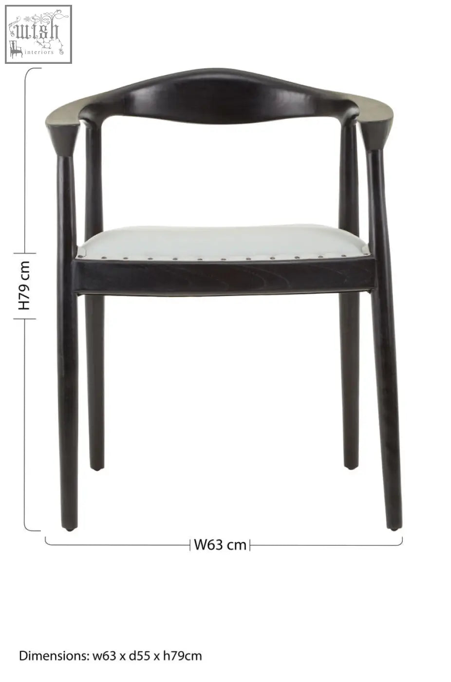 Black lacquered wooden armchair with white upholstered seat and nailhead trim in kendari open grey leather chair style