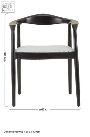 Black lacquered wooden armchair with white upholstered seat and nailhead trim in kendari open grey leather chair style