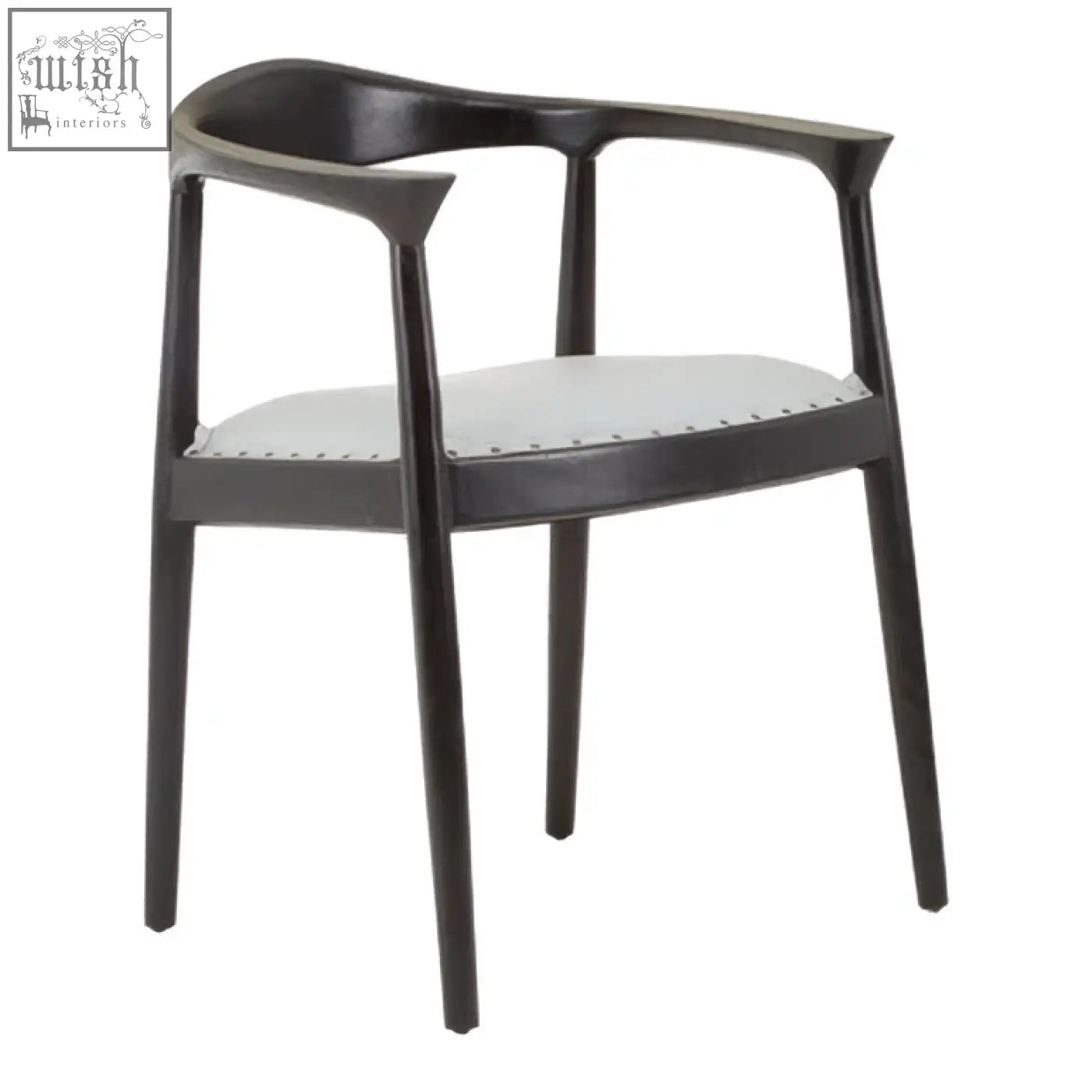 Black wooden kendari open back grey leather chair with sleek modern design and light grey upholstered seat