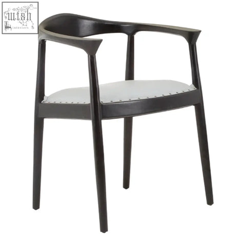 Black wooden kendari open back grey leather chair with sleek modern design and light grey upholstered seat