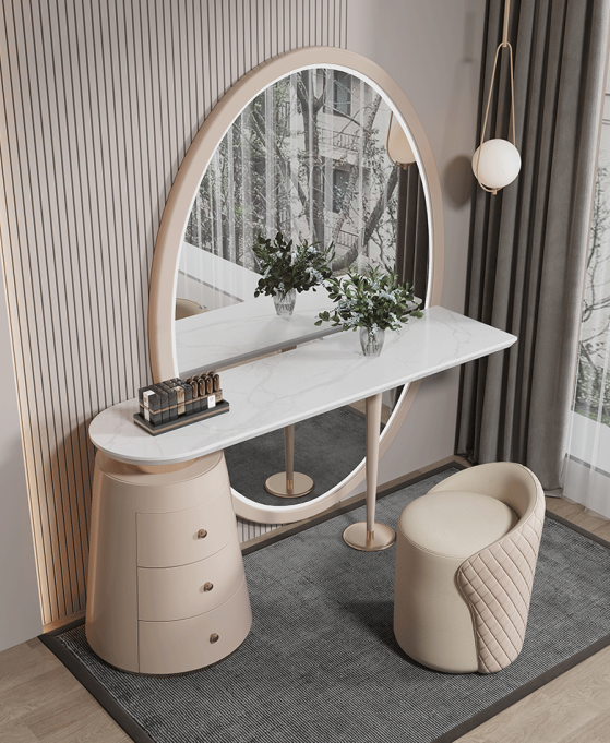 Beige oval vanity mirror with marble countertop and minimalist frame on kendrick dressing table for stylish use