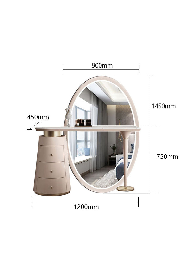 Beige kendrick dressing table with large oval mirror and tiered drawer cabinet for stylish dressing setup
