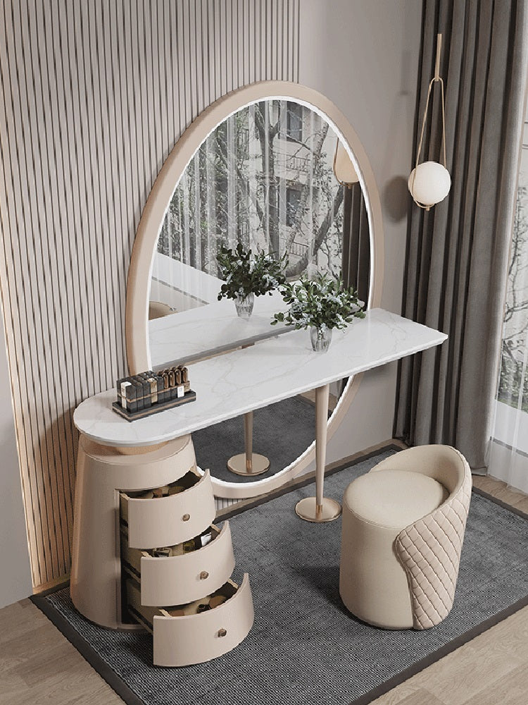 Beige kendrick dressing table with round mirror three drawers and white marble top for stylish dressing table use