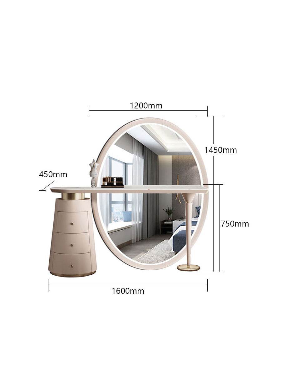 Modern beige kendrick dressing table with round mirror and tiered drawer unit for stylish bedroom storage