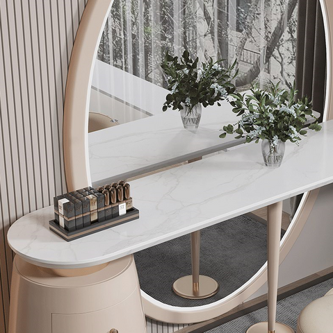 Modern kendrick dressing table with white marble top beige curved legs and oval mirror above for stylish dressing