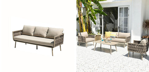 Beige woven wicker kenneth outdoor sofa set with cushions and slender metal legs perfect for outdoor lounging