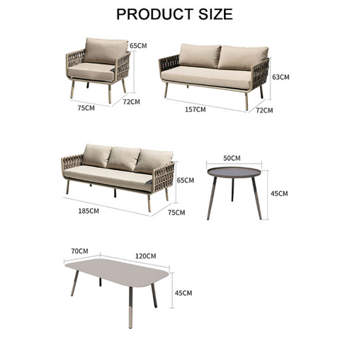 Beige woven wicker kenneth outdoor sofa set with metal legs and cushions perfect for outdoor lounging