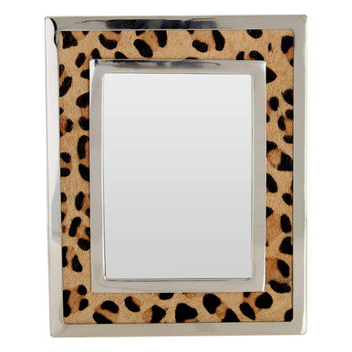 Kensington townhouse 5 x 7 photo frame with a sleek silver frame and tan leopard design faux fur border
