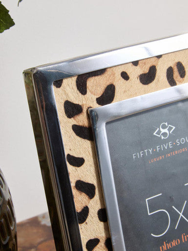 Kensington townhouse 5x7 silver photo frame with tan and black leopard design faux leather border