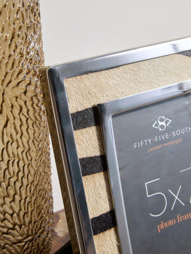 Silver-framed kensington townhouse 5x7 zebra design photo frame with woven beige and black striped interior design photo frame
