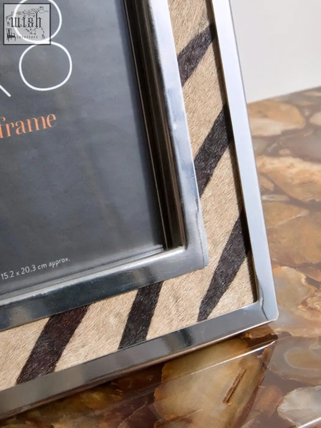 Kensington townhouse 6in x 8in silver framed zebra design photo frame with textured beige and black striped pattern