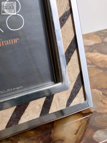 Kensington townhouse 6in x 8in silver framed zebra design photo frame with textured beige and black striped pattern