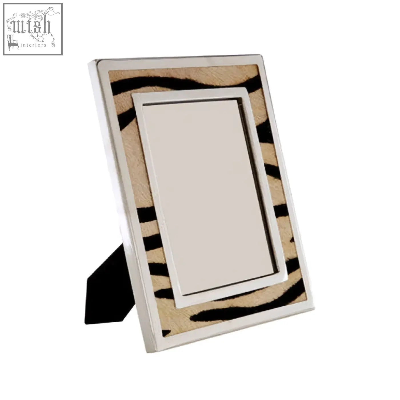 Kensington townhouse zebra design photo frame with sleek silver border and black and tan striped tiger print pattern