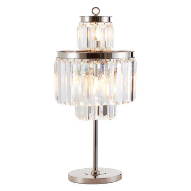 Kensington townhouse bulbs table lamp with tiered crystal design brushed nickel finish and cascading glass prisms
