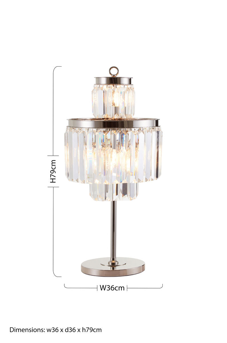 Kensington townhouse 8 bulbs table lamp with polished chrome base and cascading clear crystal tiers catching light