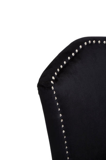 Back side of kensington townhouse black dining chair with black velvet and silver nailhead trim