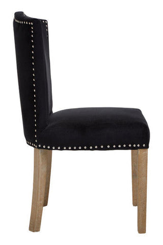 Kensington townhouse black dining chair in black velvet with silver nailhead trim and light wood legs