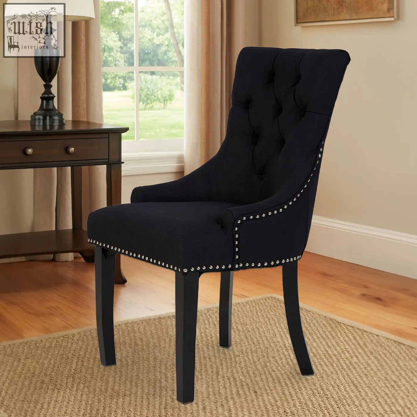 Black linen dining chair kensington townhouse black with tufted back and nailhead trim perfect for dining room