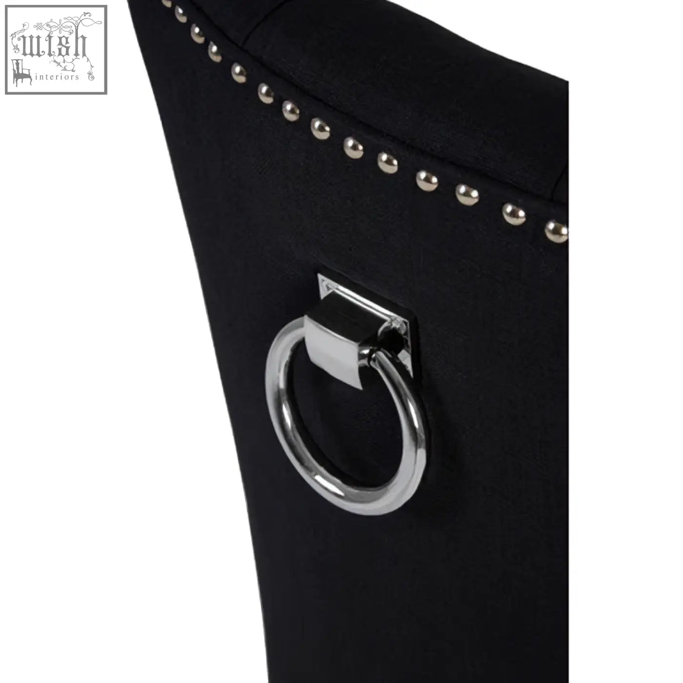 Kensington townhouse black linen dining chair with black velvet, silver nailhead trim, and chrome ring handle