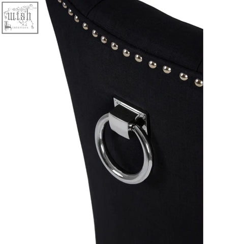 Kensington townhouse black linen dining chair with black velvet, silver nailhead trim, and chrome ring handle