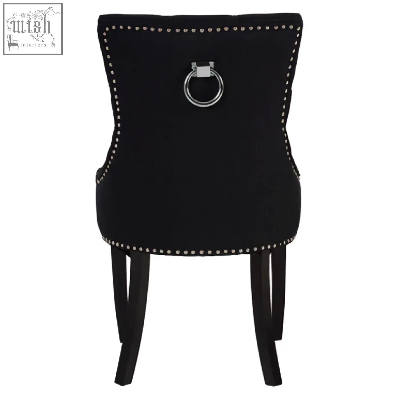 Kensington townhouse black linen dining chair with black velvet, silver nailhead trim, and central ring handle on back
