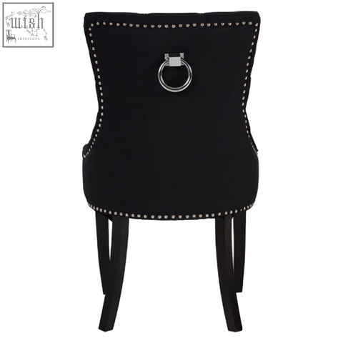 Kensington townhouse black linen dining chair with black velvet, silver nailhead trim, and central ring handle on back