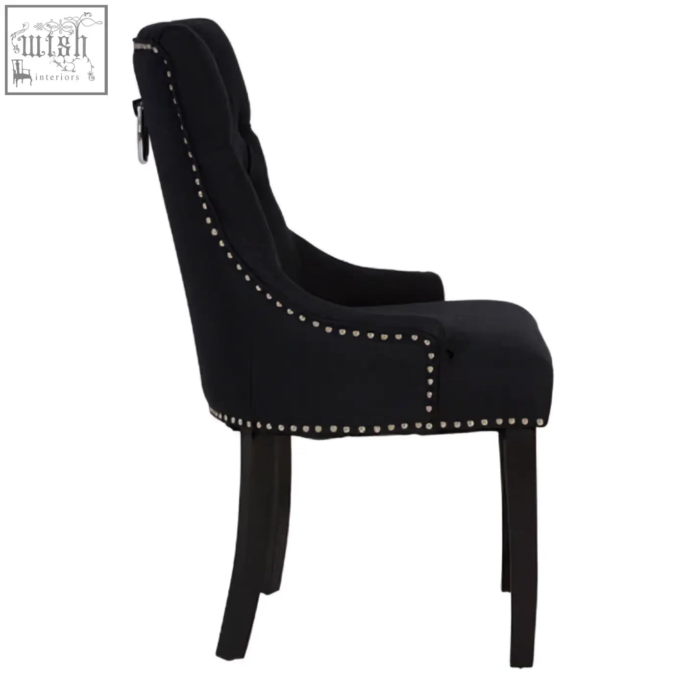 Kensington Townhouse black linen dining chair in black velvet with silver nailhead trim and curved wooden legs