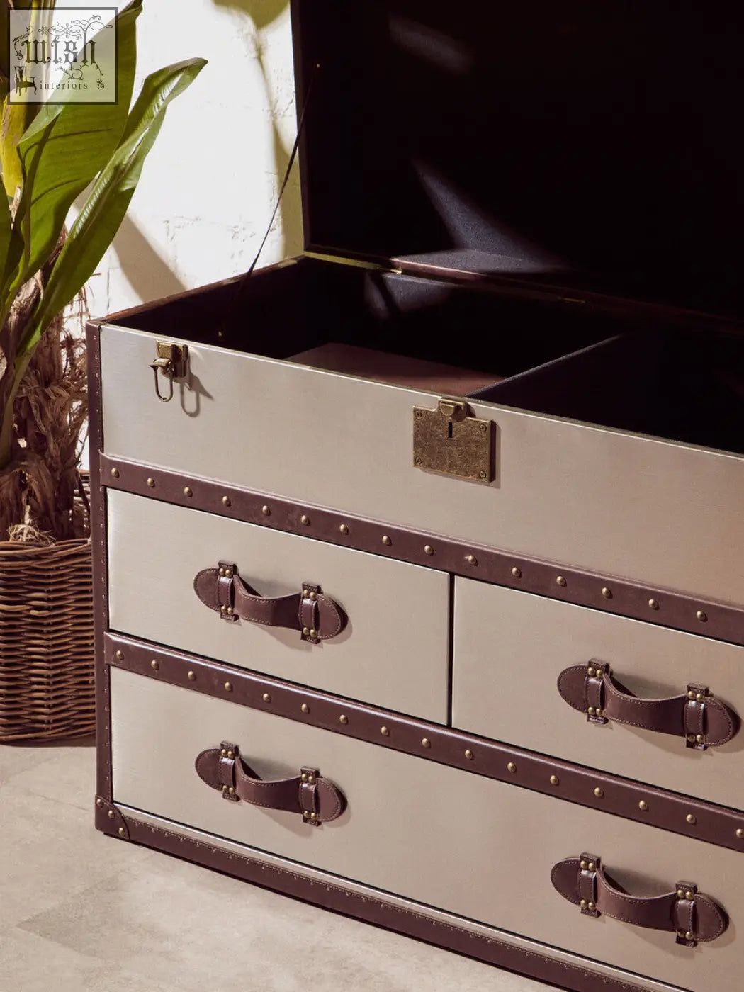 Beige and brown leather trimmed kensington townhouse brown and white cowhide cabinet trunk with brass hardware