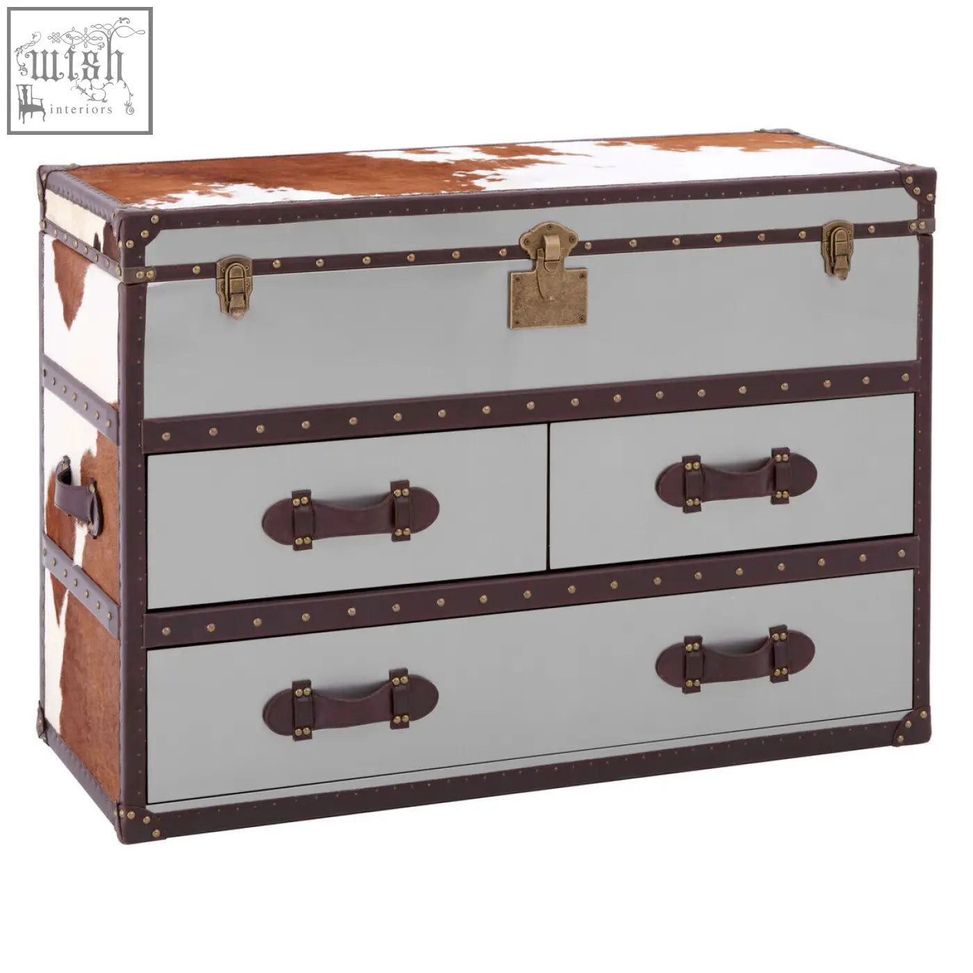 Kensington townhouse brown and white cowhide cabinet with gray trunk, brown cowhide accents, brass hardware, and three drawers