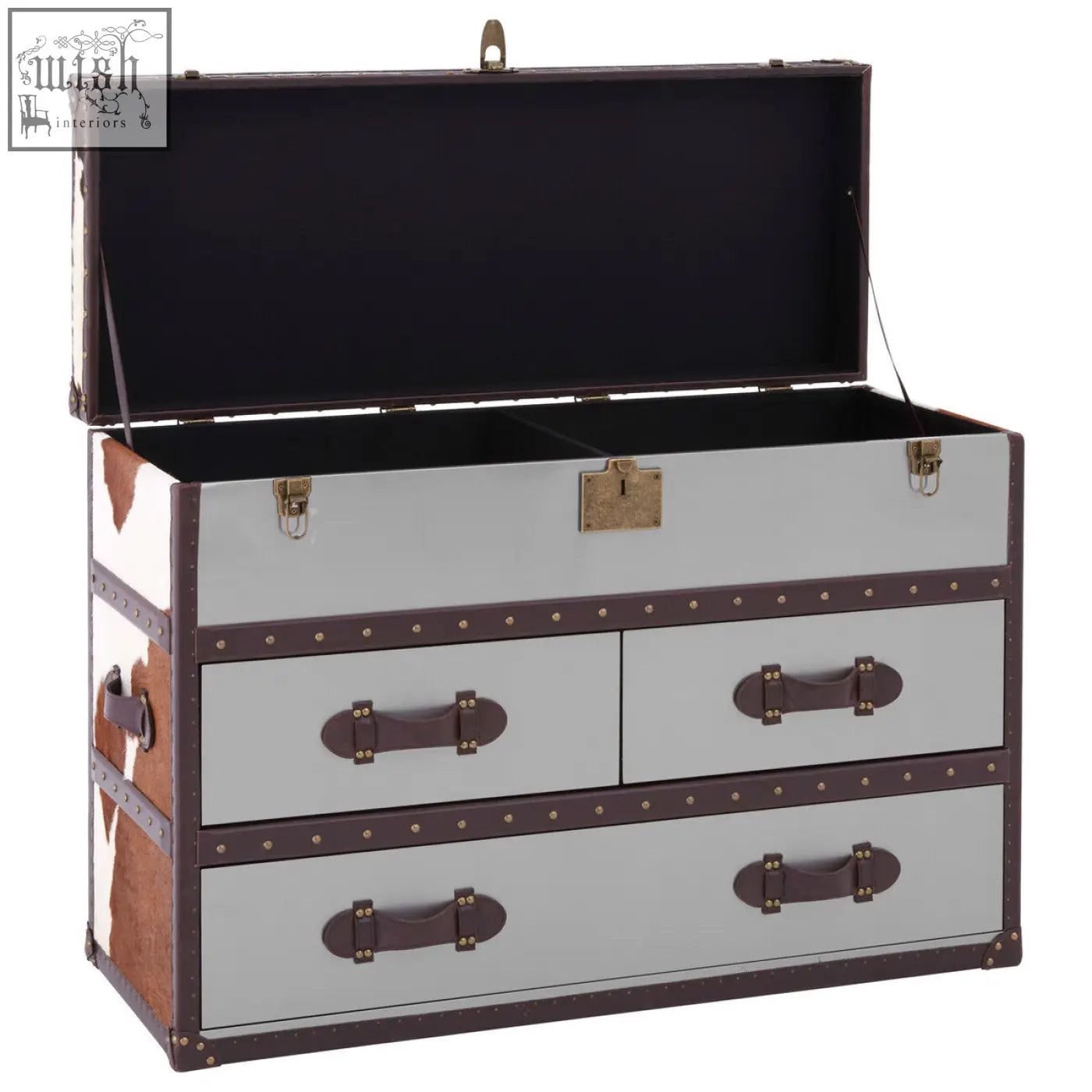 Kensington townhouse brown vintage-style cowhide cabinet trunk with gray and brown leather and brass hardware interior black