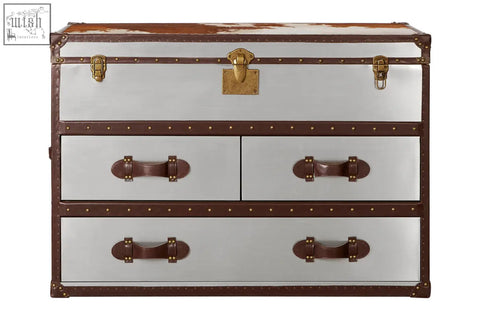 Kensington townhouse brown and white cowhide cabinet with white cowhide and brown leather trim brass hardware trunk dresser