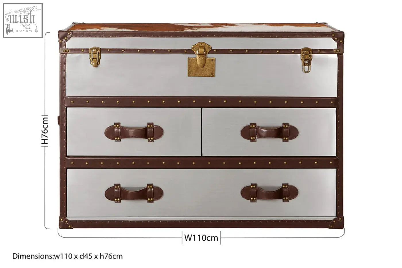 Kensington townhouse brown and white cowhide cabinet with white cowhide and brown leather-trimmed trunk and brass hardware