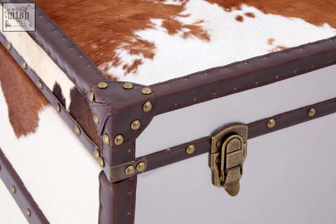 Kensington townhouse brown and white cowhide cabinet trunk with brass studs and vintage metal latch detail
