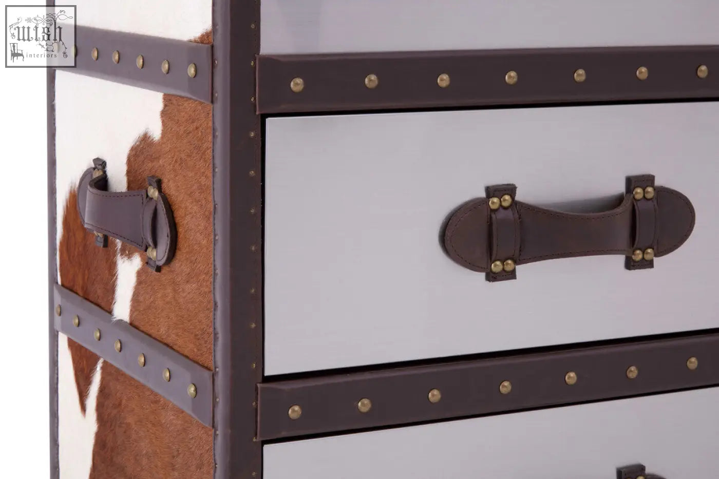 Kensington townhouse brown and white cowhide cabinet trunk with dark leather straps brass rivets and vintage handles