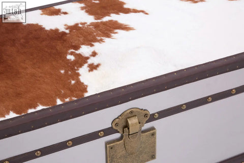 Kensington townhouse brown and white cowhide cabinet trunk with brass hardware and white cowhide trim