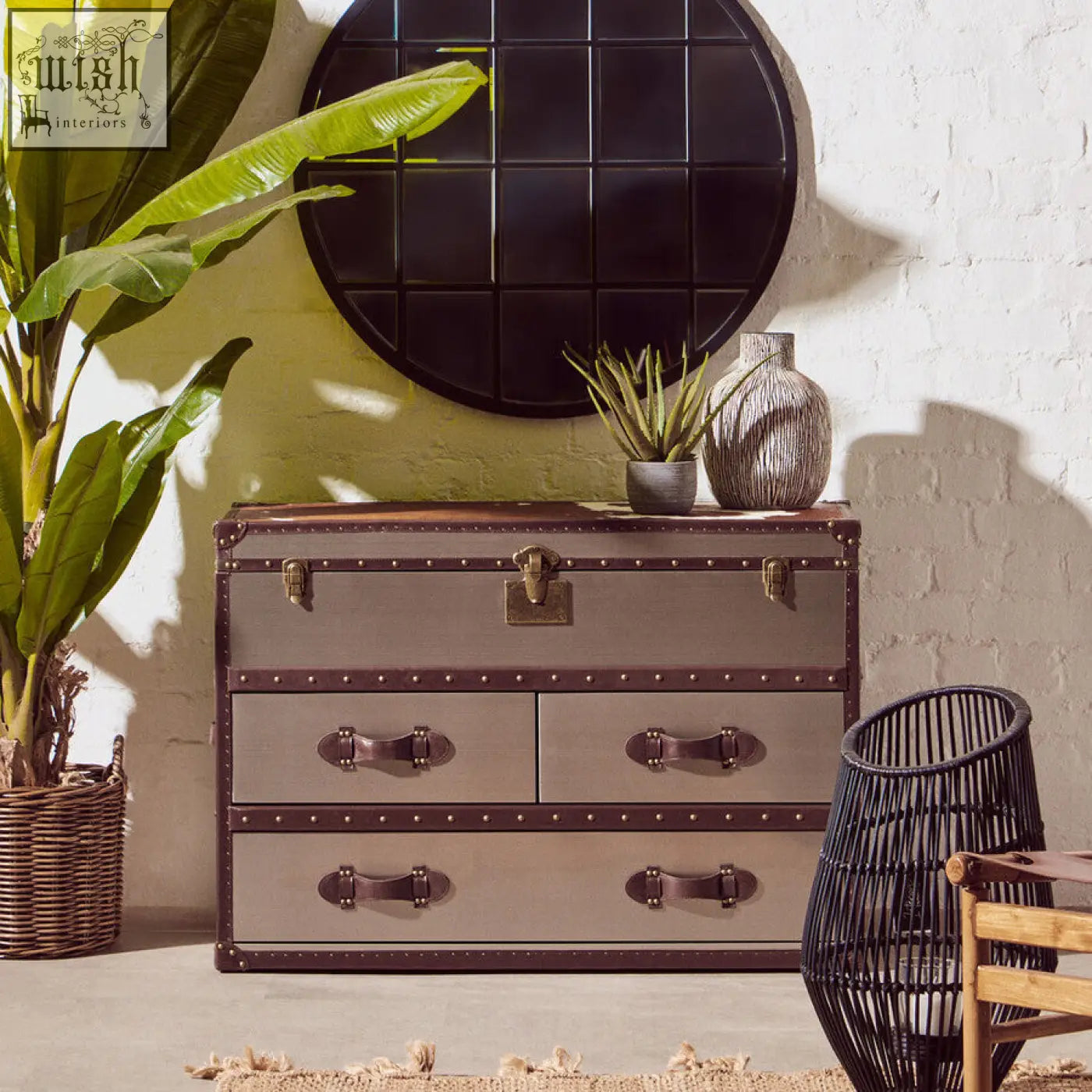 Vintage kensington townhouse brown chest of drawers with metallic gray finish white cowhide and brass hardware