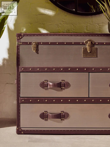 Vintage kensington townhouse brown cowhide cabinet with metallic gray finish brown leather accents and brass hardware