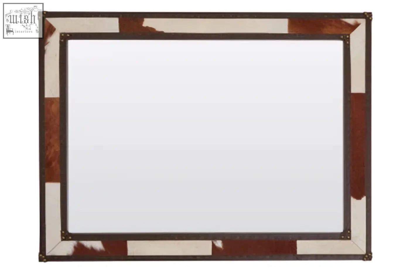 Rectangular genuine cowhide wall mirror with a rustic patchwork frame in brown and white genuine cowhide materials