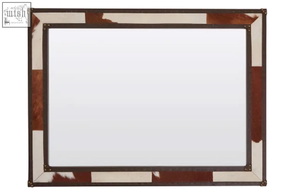 Rectangular genuine cowhide wall mirror with a rustic patchwork frame in brown and white genuine cowhide materials