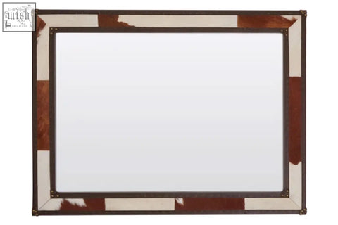 Rectangular genuine cowhide wall mirror with a rustic patchwork frame in brown and white genuine cowhide materials
