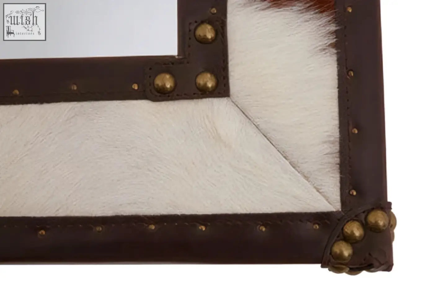 Brown leather-framed genuine cowhide wall mirror with white genuine cowhide accents and brass studs for wall decor