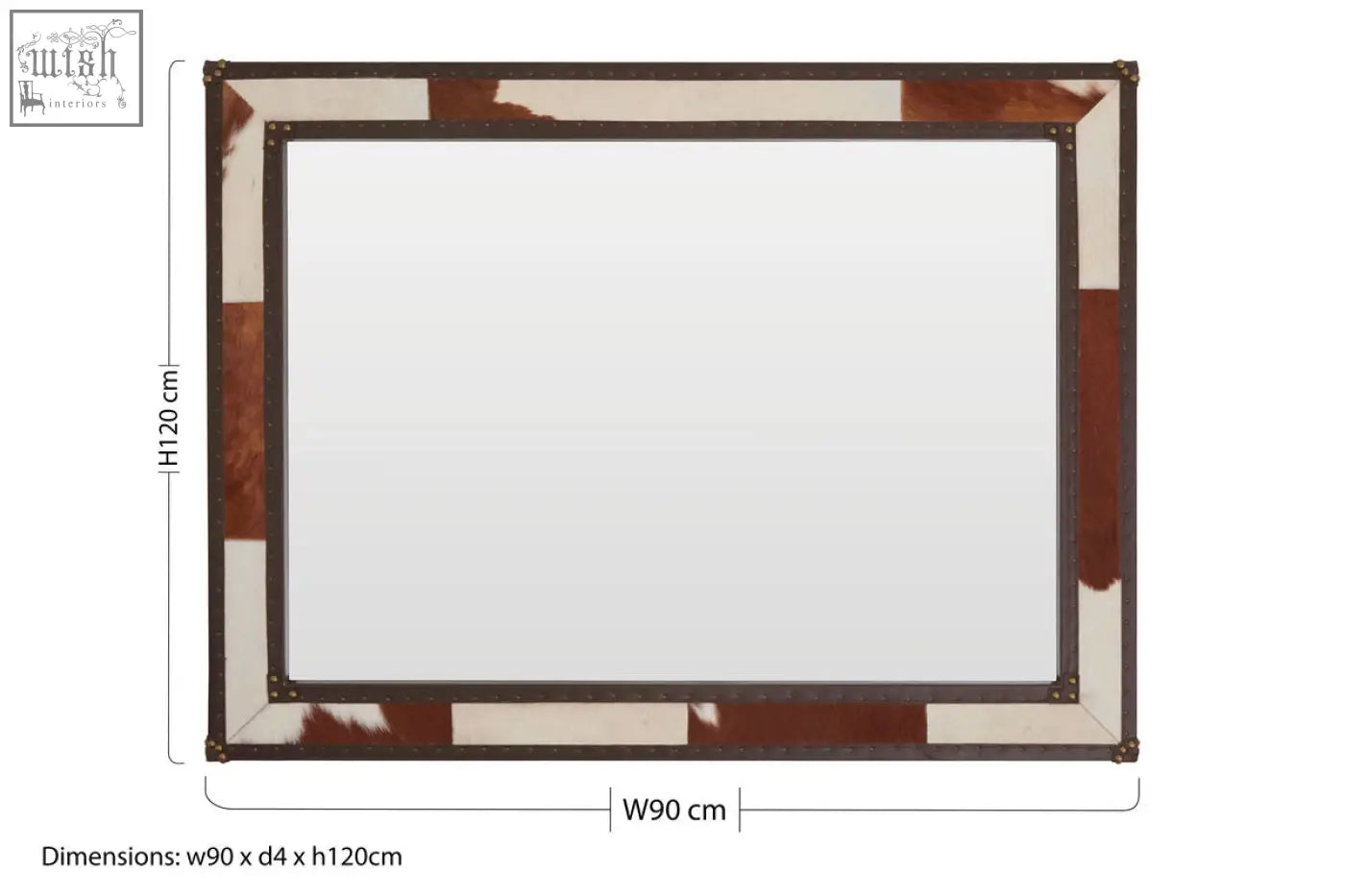 Rectangular genuine cowhide wall mirror with brown and white white genuine cowhide patches and dark metal trim