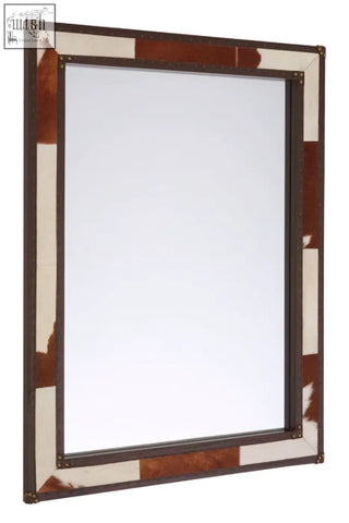 Rectangular genuine cowhide wall mirror with brown and white genuine cowhide stitched frame for stylish decor