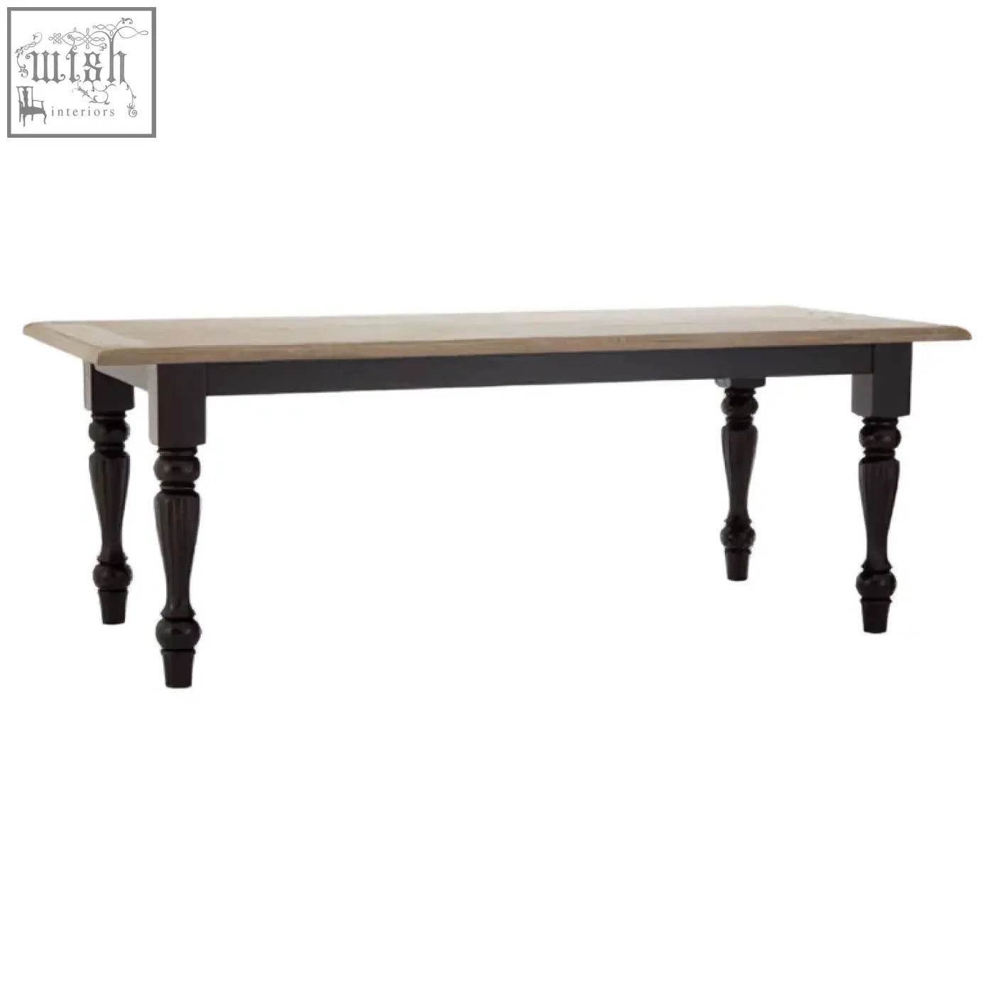 Kensington townhouse dining table with rustic gray wood top and black turned legs in farmhouse style